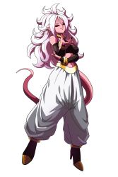 Rule 34 | 1girl, android 21, black sclera, boots, bracelet, breasts, cleavage, colored sclera, colored skin, crop top, detached sleeves, dragon ball, dragon ball fighterz, dragonball z, earrings, fangs, harem pants, high heel boots, high heels, highres, hoop earrings, jewelry, majin android 21, messy hair, monster girl, official art, open mouth, pants, pink skin, red eyes, solo, spoilers, tail