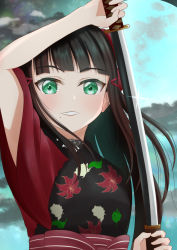 Rule 34 | 1girl, absurdres, alternate costume, artist name, artist request, black hair, black kimono, blunt bangs, bow, breasts, close-up, cloud, corset, female focus, floating hair, floral print, flower print, green eyes, hair bow, hair ornament, hairclip, hairpin, half updo, highres, holding, holding sword, holding weapon, japanese clothes, kimono, kurosawa dia, long hair, long sleeves, looking at viewer, love live!, love live! school idol festival, love live! sunshine!!, medium breasts, mole, mole under mouth, moon, night, night sky, obi, perfect sekai, perfect sekai (love live!), plaid, plaid kimono, red bow, red kimono, sash, sky, solo, striped, striped bow, sword, teeth, two-tone kimono, upper body, weapon, wide sleeves
