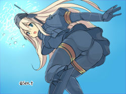 Rule 34 | 10s, 1girl, :o, ass, black dress, black pantyhose, blonde hair, blue eyes, bubble, cropped jacket, dress, from below, garrison cap, gradient background, hat, kantai collection, long hair, long sleeves, military, military uniform, open mouth, pantyhose, puffy long sleeves, puffy sleeves, seo tatsuya, solo, twitter username, u-511 (kancolle), underwater, uniform, water
