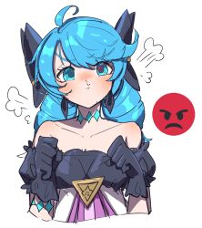 Rule 34 | 1girl, absurdres, ahoge, bare shoulders, black bow, black dress, black gloves, blush, bow, clenched hands, collarbone, cropped torso, detached sleeves, dress, drill hair, food, food on face, gloves, green eyes, grey dress, gwen (league of legends), hair bow, highres, league of legends, long hair, monakan japan, simple background, solo, twin drills, twintails, white background