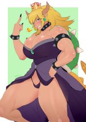 Rule 34 | 1girl, anger vein, angry, armlet, bare shoulders, black nails, blonde hair, blue eyes, blush, border, bowsette, bracelet, breasts, breath weapon, breathing fire, brooch, cameltoe, cleavage, clenched teeth, clothes lift, collar, commentary, commentary request, crown, dark-skinned female, dark skin, dress, dress lift, earrings, eyelashes, fingernails, fire, gem, green background, green gemstone, half-closed eyes, highres, horns, huge breasts, jewelry, lifting own clothes, long fingernails, long hair, looking at viewer, mario (series), micro panties, middle finger, muscular, muscular female, nail polish, new super mario bros. u deluxe, nigaw, nintendo, nose, outside border, panties, pink lips, pointy ears, purple dress, purple panties, sharp fingernails, sharp teeth, solo, spiked armlet, spiked bracelet, spiked collar, spiked shell, spiked tail, spikes, strapless, strapless dress, super crown, tail, teeth, thick eyebrows, thick thighs, thighs, turtle shell, underwear