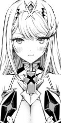 Rule 34 | 1girl, blush, breasts, cleavage, closed mouth, commentary request, greyscale, headpiece, highres, large breasts, long hair, looking at viewer, monochrome, mythra (xenoblade), simple background, smile, solo, upper body, v-shaped eyebrows, white background, xenoblade chronicles (series), xenoblade chronicles 2, yamamori kinako