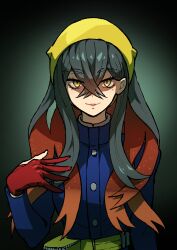 Rule 34 | 1girl, absurdres, black background, black hair, blue jacket, buttons, carmine (pokemon), creatures (company), cropped torso, crossed bangs, evil smile, facing viewer, fanny pack, game freak, gloves, gradient background, hair between eyes, hairband, high collar, highres, jacket, light smile, long hair, looking at viewer, mole, multicolored hair, nintendo, partially fingerless gloves, pokemon, pokemon sv, red gloves, simple background, smile, two-tone hair, yellow eyes, yellow hairband, youko-shima