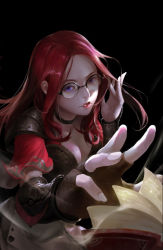 Rule 34 | 1girl, armor, arms up, black-framed eyewear, black background, blue eyes, blurry, book, breasts, brown gloves, choker, cleavage, closed mouth, commentary, depth of field, fingerless gloves, fingernails, glasses, gloves, heterochromia, kay1, long hair, looking at viewer, medium breasts, no bangs, open book, original, purple eyes, reaching, red eyes, red lips, simple background, solo, straight hair, upper body