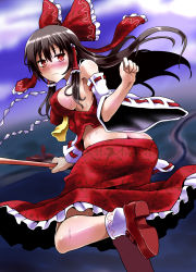Rule 34 | 1girl, ascot, ass, bare shoulders, black hair, blush, bow, breasts, butt crack, detached sleeves, gohei, hair bow, hair tubes, hakurei reimu, highres, large breasts, lilish, loafers, long hair, looking at viewer, lowleg, lowleg skirt, mary janes, red eyes, shoes, sideboob, sidelocks, skirt, solo, touhou