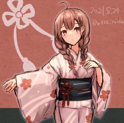 Rule 34 | 1girl, ahoge, alternate costume, braid, brown eyes, brown hair, cowboy shot, dated, expressionless, floral print, hair over shoulder, highres, japanese clothes, kantai collection, kimono, long hair, looking at viewer, one-hour drawing challenge, pink kimono, shinshuu maru (kancolle), solo, twin braids, twitter username, wss (nicoseiga19993411), yukata