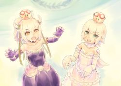 Rule 34 | 2girls, :d, bandages, bare shoulders, blonde hair, bowsette, bowsette (cosplay), claw pose, collar, commentary, cosplay, dress, earrings, elbow gloves, english commentary, fangs, fate/grand order, fate (series), flat chest, gloves, green eyes, horns, jack the ripper (fate/apocrypha), jeanne d&#039;arc (fate), jeanne d&#039;arc alter santa lily (fate), jewelry, kensaint, long hair, looking at viewer, luigi&#039;s mansion, mario (series), multiple girls, new super mario bros. u deluxe, nintendo, open mouth, pointy ears, ponytail, princess king boo, princess king boo (cosplay), purple dress, purple gloves, shoulder tattoo, smile, standing, studded bracelet, studded collar, super crown, tattoo, white dress