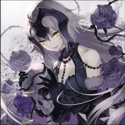 Rule 34 | 1girl, black flower, black rose, breasts, cleavage, fate/grand order, fate (series), flower, grey hair, holding, jeanne d&#039;arc (fate), jeanne d&#039;arc alter (avenger) (fate), jeanne d&#039;arc alter (avenger) (third ascension) (fate), jeanne d&#039;arc alter (fate), long hair, looking at viewer, rose, skull, smile, solo, tsurukame, yellow eyes