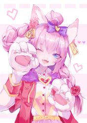 Rule 34 | 1girl, absurdres, animal ears, animal hands, bow, braid, cat ears, claws, fangs, heart, highres, league of legends, one eye closed, personification, pink hair, ribbon, teeth, wink, yuumi (league of legends)
