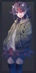 Rule 34 | 1girl, ahoge, bad id, bad twitter id, black hair, black thighhighs, collar, cone horns, cowboy shot, dress, green jacket, grey horns, hair between eyes, hands in pockets, hood, hooded jacket, horns, jacket, kijin seija, multicolored hair, open clothes, open jacket, red eyes, red hair, short dress, short hair, solo, st (youx1119), streaked hair, thighhighs, tongue, tongue out, touhou, white dress, white hair, zettai ryouiki