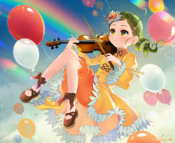 Rule 34 | 1girl, absurdres, balloon, black bow, black footwear, black ribbon, bow, bow (music), dress, drill hair, green eyes, green hair, hair ornament, heart, heart hair ornament, highres, holding, holding instrument, holding violin, instrument, juliet sleeves, kanaria, knees together feet apart, long sleeves, music, parted lips, pita (ppp), playing instrument, puffy sleeves, rainbow, ribbon, rozen maiden, shoes, short hair, solo, sparkle, turtleneck, twin drills, violin, wide sleeves, yellow dress
