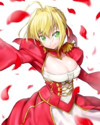 Rule 34 | 10s, 1girl, ahoge, blonde hair, breasts, cleavage, dress, epaulettes, fate/extra, fate (series), green eyes, hair intakes, nero claudius (fate), nero claudius (fate) (all), nero claudius (fate/extra), onsoku inu, petals, solo, white background