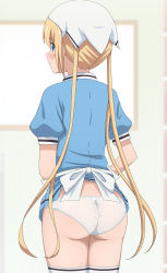 Rule 34 | 1girl, absurdres, ass, blend s, blonde hair, blue dress, blue eyes, blush, clothes lift, dress, dress lift, from behind, gloves, head scarf, highres, hinata kaho, long hair, looking at viewer, looking back, panties, poa mellhen, puffy sleeves, short sleeves, standing, thighhighs, twintails, underwear, waitress, white gloves, white headwear, white panties, white thighhighs