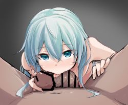 Rule 34 | 1boy, 1girl, bar censor, blue eyes, blush, censored, commentary request, fellatio, grey background, hair between eyes, hetero, hibiki (kancolle), kantai collection, licking, licking penis, long hair, looking at viewer, myht, oral, penis, pov, silver hair, solo focus, tongue, tongue out