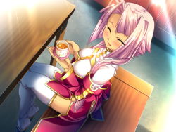Rule 34 | 1girl, :d, alternate hair length, alternate hairstyle, bench, blush, breasts, closed eyes, cup, detached sleeves, dutch angle, female focus, fingernails, floor, from above, game cg, glass, hair intakes, happy, hikage eiji, holding, indoors, koihime musou, legs, light rays, long fingernails, long sleeves, mug, no headwear, open mouth, pink hair, plate, shadow, shiny skin, short hair, sitting, smile, solo, sonken, sunbeam, sunlight, table, tea, thighhighs, tiptoes, turtleneck, wall, white thighhighs