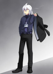 Rule 34 | 1boy, ahoge, caffein, cigarette, full body, gradient background, highres, honne dell, looking away, male focus, necktie, ponytail, red eyes, short hair, smoking, solo, vocaloid, white hair