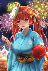 Rule 34 | 1girl, aerial fireworks, ahoge, amano kusatsu, azur lane, bag, bagged fish, bell, blue kimono, blush, breasts, candy apple, fireworks, fish, floral print, flower, food, fox mask, hair bell, hair flower, hair ornament, hair ribbon, highres, holding, holding bag, holding food, honolulu (azur lane), honolulu (among the stalls) (azur lane), japanese clothes, kimono, large breasts, long hair, looking at viewer, mask, mask on head, open mouth, pov, red eyes, red hair, ribbon, sash, solo, twintails, very long hair, yellow sash, yukata