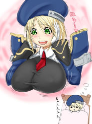 Rule 34 | 1girl, :d, arc system works, bed, beret, blazblue, blonde hair, blush, breast expansion, breasts, chibi, dreaming, green eyes, happy, hat, homura (haku89), huge breasts, large breasts, necktie, noel vermillion, open mouth, saliva, shirt, sleeping, smile, solo, taut clothes, taut shirt