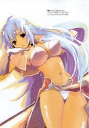 Rule 34 | 1girl, blue hair, breasts, brown eyes, cape, capelet, covered erect nipples, gloves, highres, hotori (sion), large breasts, loincloth, long hair, mage (ragnarok online), open mouth, panties, pantyshot, pelvic curtain, ragnarok online, solo, underwear