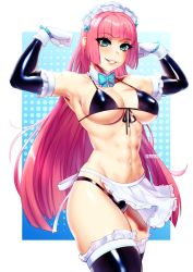 Rule 34 | 1girl, abs, apron, armpits, bikini, blue background, blunt bangs, blunt ends, blush, bow, bowtie, breasts, commentary, commission, cowboy shot, detached collar, detached sleeves, female focus, flexing, front-tie bikini top, front-tie top, gloves, gradient background, green eyes, highleg, highleg bikini, large breasts, linea alba, long hair, maid, maid apron, maid bikini, maid headdress, midriff, muscular, muscular female, navel, original, parted lips, phloxberry, pink hair, simple background, smile, solo, standing, swimsuit, teeth, thighhighs, toned, unconventional maid, underboob, very long hair, white background