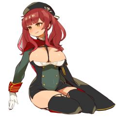 Rule 34 | 1girl, azur lane, bad id, bad twitter id, breasts, cleavage, closed mouth, full body, gloves, large breasts, long hair, mota, red hair, simple background, sitting, smile, solo, thighhighs, white background, white gloves, yellow eyes, zara (azur lane)