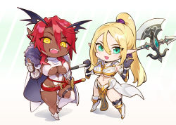 Rule 34 | 2girls, armor, armored boots, axe, blonde hair, boots, breasts, cape, chibi, cleavage, cleavage cutout, clothing cutout, demon girl, elf, fangs, green eyes, high ponytail, looking at viewer, multiple girls, navel, ookuma nekosuke, open mouth, original, pelvic curtain, pointy ears, red eyes, red hair, shadow, sword, thumbs up, weapon, wings, yellow eyes