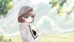 Rule 34 | 1girl, absurdres, black shirt, breasts, brown hair, check copyright, copyright request, crop top, cropped jacket, day, facial mark, from behind, green eyes, highres, holding, hood, hood down, hooded jacket, jacket, kuca (ku ca18), large breasts, long sleeves, looking at viewer, looking back, midriff peek, open clothes, open jacket, original, outdoors, shirt, short hair, smile, solo, transparent, transparent umbrella, umbrella, upper body, white jacket