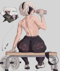 Rule 34 | 1boy, 1girl, 2b (nier:automata), ass, back, backboob, bandaged hand, bandaged wrist, bandages, black blindfold, black hairband, blindfold, bottle, bra, breaking, breasts, clothes writing, dumbbell, english text, exercise, from behind, full body, grey background, hairband, heavy, highres, medium breasts, metal gear (series), metal gear rising: revengeance, nier:automata, nier (series), one eye covered, pants, parted hair, pink lips, profile, raiden (metal gear), shoes, short hair, simple background, sitting, sneakers, solo focus, sweat, tight clothes, tight pants, toned, topless, underwear, unworn bra, water bottle, weight, weightlifting, white footwear, white hair, yoga pants, yoracrab