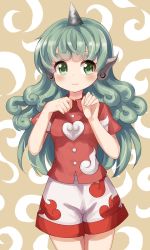 Rule 34 | 1girl, blush, breasts, closed mouth, commentary request, cowboy shot, curly hair, green eyes, green hair, highres, horns, kariyushi shirt, komano aunn, long hair, looking at viewer, medium breasts, one-hour drawing challenge, paw pose, ruu (tksymkw), short sleeves, shorts, single horn, smile, solo, standing, touhou, white shorts