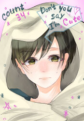 Rule 34 | 1boy, animification, black hair, blue shirt, blush, closed mouth, commentary request, english text, gradient background, green eyes, hood, hood up, kamiya hiroshi, looking at viewer, male focus, nose blush, pink background, pink lips, portrait, real life, shirt, short hair, solo, speech bubble, star (symbol), sweat, totomachokori, upper body, voice actor, white background, white hood