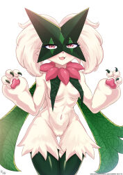 Rule 34 | 1girl, animal ears, animal hands, as181585963, blush, body fur, breasts, claws, creatures (company), furry, furry female, game freak, green fur, highres, mask, meowscarada, nintendo, pawpads, pokemon, pokemon (creature), small breasts, thighs, two-tone fur, white fur
