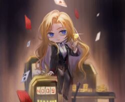 Rule 34 | 1girl, black coat, black pants, black vest, brown hair, card, chibi, closed mouth, coat, coin, glint, highres, huanxue, limbus company, long hair, looking at viewer, pants, playing card, project moon, rodion (project moon), shirt, sitting, slot machine, solo, tossing, very long hair, vest, white shirt