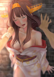 Rule 34 | 10s, 1girl, absurdres, ahoge, alternate costume, baffu, bare shoulders, blush, breasts, brick wall, brown hair, cleavage, closed eyes, collarbone, hair bun, hair intakes, hairband, hand on another&#039;s arm, headgear, highres, japanese clothes, kantai collection, kimono, kongou (kancolle), long hair, obi, open clothes, open mouth, sash, side slit, sidelocks, single hair bun, solo focus, sweat