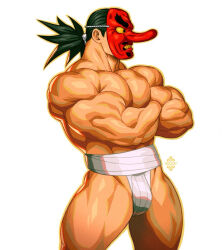 1boy artist_name bara biceps black_hair commentary crossed_arms fundoshi japanese_clothes large_pectorals male_focus mask masked muscular muscular_arms muscular_legs muscular_male original pectorals ponytail simple_background solo symbol-only_commentary tengu_mask thighs topless_male xelgot