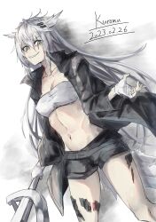 Rule 34 | 1girl, absurdres, animal ears, arknights, artist name, bandeau, black jacket, black shorts, breasts, cleavage, commentary request, dated, fingerless gloves, gloves, grey eyes, grey hair, grin, hair between eyes, hair ornament, hairclip, highres, jacket, kuromu, lappland (arknights), long hair, looking at viewer, material growth, medium breasts, midriff, navel, open clothes, open jacket, oripathy lesion (arknights), scar, scar across eye, sharp teeth, short shorts, shorts, signature, smile, solo, standing, stomach, strapless, teeth, thighs, tube top, very long hair, white background, white gloves, wolf ears
