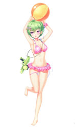 Rule 34 | 1girl, :d, absurdres, armpits, arms up, ball, barefoot, beachball, bikini, blush, bow, breasts, choker, cleavage, collarbone, copyright name, crocodile hair ornament, curvy, frilled bikini, frills, full body, green hair, hair between eyes, hair ornament, highres, holding, holding ball, holding beachball, humuyun, jewelry, looking at viewer, medium breasts, navel, necklace, nomura miki, official art, open mouth, page number, pink bikini, pink bow, pink choker, pink scrunchie, polka dot, polka dot bikini, red eyes, ribbon, scrunchie, shiny skin, short hair, simple background, skindentation, smile, solo, standing, standing on one leg, stomach, summer pockets, swimsuit, thigh gap, thigh strap, toenails, toes, water gun, white background, white bow, white ribbon, wrist scrunchie