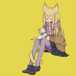 Rule 34 | 1boy, afuro terumi, animal ears, black skirt, blonde hair, cat, cat ears, cat tail, inazuma eleven, inazuma eleven (series), l hakase, long hair, male focus, miniskirt, open mouth, pantyhose, pleated skirt, purple pantyhose, scarf, sitting, skirt, smile, solo, tail, trap, very long hair