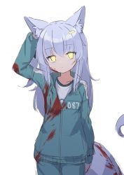 Rule 34 | 1girl, absurdres, animal ears, arm behind head, blood, blood on clothes, blood on face, blood splatter, blue hair, closed mouth, copyright request, glowing, glowing eyes, green jacket, green pants, gym uniform, hand up, highres, jacket, klaius, long hair, looking at viewer, no nose, original, pants, shirt, simple background, solo, squid game, standing, tail, white background, white shirt, yellow eyes