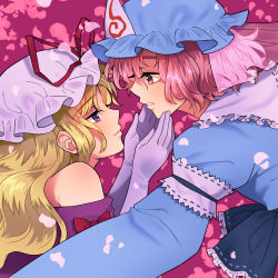 Rule 34 | 2girls, adapted costume, arm garter, bad id, bad pixiv id, blonde hair, blue headwear, blue kimono, commentary request, dress, elbow gloves, eye contact, gloves, hands on another&#039;s face, hat, highres, japanese clothes, juliet sleeves, kimono, lavender gloves, lavender headwear, leaning forward, light smile, long hair, long sleeves, looking at another, mob cap, multiple girls, off-shoulder dress, off shoulder, parted bangs, petals, pink eyes, pink hair, profile, puffy sleeves, purple background, purple eyes, saigyouji yuyuko, short hair, sibata maru, thick eyebrows, touhou, triangular headpiece, upper body, very long hair, yakumo yukari, yuri