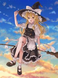 Rule 34 | 1girl, absurdres, apron, black footwear, black hat, black skirt, black vest, blonde hair, blush, bow, braid, breasts, broom, broom riding, buttons, cloud, cloudy sky, commentary request, frilled hat, frilled skirt, frills, full body, hand on headwear, hat, hat bow, highres, kirisame marisa, long hair, mary janes, mumipyonn, open mouth, outdoors, puffy short sleeves, puffy sleeves, shirt, shoes, short sleeves, side braid, single braid, sitting, skirt, sky, small breasts, socks, solo, sunset, touhou, turtleneck, vest, waist apron, wavy hair, white apron, white bow, white shirt, white socks, witch hat, yellow eyes