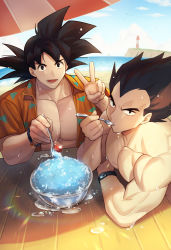 Rule 34 | 2boys, bara, beach, black hair, bracelet, cloud, day, dragon ball, food, highres, holding, holding spoon, jewelry, large pectorals, looking at viewer, male focus, minor (minor2730), multiple boys, muscular, muscular male, open clothes, open mouth, open shirt, outdoors, pectorals, shaved ice, shirt, short hair, sky, smile, son goku, spiked hair, spoon, sweat, sweatdrop, topless male, utensil in mouth, v, vegeta, watch, wristwatch