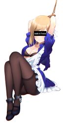 Rule 34 | 1girl, absurdres, ankle cuffs, apron, arms up, bingsardina, blonde hair, blue dress, bound, bound ankles, bound wrists, bra, breasts, brown bra, brown pantyhose, censored, chain, commentary, dress, english commentary, french, frilled apron, frilled dress, frills, full body, highres, identity censor, medium breasts, original, pantyhose, parted lips, rope, shoes, short hair, short sleeves, simple background, sitting, solo, underwear, white apron, white background