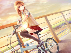 Rule 34 | 1girl, absurdres, bicycle, black thighhighs, bottle, brown hair, dutch angle, highres, long hair, original, outdoors, pleated skirt, red skirt, skirt, solo, thighhighs, water bottle, xiaoyin li, zettai ryouiki