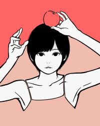 Rule 34 | 1girl, apple, arms up, black eyes, black hair, blending, camisole, flat color, food, fruit, highres, holding, holding food, holding fruit, looking at viewer, miyoshi yoshimi, original, parted lips, pink background, pink camisole, red background, short hair, solo, two-tone background, upper body