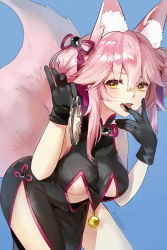 Rule 34 | 1girl, animal ear fluff, animal ears, artist name, bare arms, bare shoulders, bent over, black dress, black gloves, blue background, breasts, china dress, chinese clothes, contrapposto, cowboy shot, double bun, dress, fang, fate/grand order, fate (series), fox ears, fox girl, fox tail, glasses, gloves, grey-framed eyewear, hair between eyes, hair bun, hair ornament, hands up, highres, holding, holding removed eyewear, koyanskaya (chinese lostbelt outfit) (fate), koyanskaya (fate), large breasts, licking, licking finger, long hair, looking at viewer, open mouth, pelvic curtain, pink hair, saliva, side bun, side slit, sidelocks, simple background, solo, standing, tail, tamamo (fate), tassel, tongue, tongue out, unworn eyewear, wumumu, yellow eyes