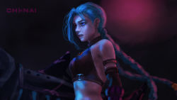 Rule 34 | 1girl, arcane: league of legends, arcane jinx, bad id, bad pixiv id, bare shoulders, black background, braid, breasts, closed mouth, detached sleeves, from side, highres, holding, holding weapon, jinx (league of legends), league of legends, lefthandchi, long hair, medium breasts, red background, rocket launcher, stomach, tears, twin braids, upper body, weapon