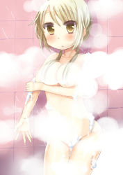 Rule 34 | 1girl, bathing, blonde hair, blush, breast hold, breasts, censored, convenient censoring, cowboy shot, embarrassed, foam, groin, hair censor, hair over shoulder, holding own arm, ichii yui, indoors, long hair, looking at viewer, low twintails, medium breasts, nude, open mouth, parted lips, shadow, showering, soap bubbles, soap censor, solo, standing, steam, tatsunokosso, tile wall, tiles, twintails, wet, yellow eyes, yuyushiki