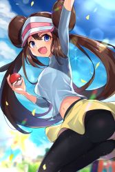 Rule 34 | 1girl, :d, arm up, ass, bad id, bad pixiv id, black pantyhose, blue eyes, blue sleeves, blurry, blurry background, brown hair, creatures (company), double bun, floating hair, game freak, hair bun, highres, holding, holding poke ball, lens flare, long hair, long sleeves, looking at viewer, midriff, mo-re:, navel, nintendo, open mouth, pantyhose, poke ball, poke ball (basic), pokemon, pokemon bw2, rosa (pokemon), shirt, short shorts, shorts, smile, solo, stomach, twintails, very long hair, visor cap, white shirt, yellow shorts