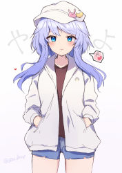 Rule 34 | 1girl, alternate costume, blue eyes, blue hair, blue shorts, blush, collarbone, cowboy shot, crescent, crescent hat ornament, hands in pockets, hat, hat ornament, heart, jacket, kantai collection, long hair, long sleeves, short hair with long locks, shorts, smile, solo, sou (soutennkouchi), speech bubble, tongue, tongue out, twitter username, white hat, white jacket, yayoi (kancolle)