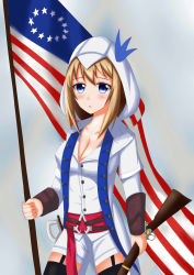 Rule 34 | absurdres, adapted costume, american flag, artist request, assassin&#039;s creed (series), assassin&#039;s creed iii, belt, blonde hair, blue eyes, blush, breasts, buckle, cleavage, cloak, commentary request, connor kenway, connor kenway (cosplay), cosplay, cowboy shot, garter straps, gun, highres, historical american flag, holding, holding gun, holding weapon, hood, hooded cloak, lexington (warship girls r), long sleeves, looking at viewer, rifle, solo, standing, tareme, thighhighs, warship girls r, weapon